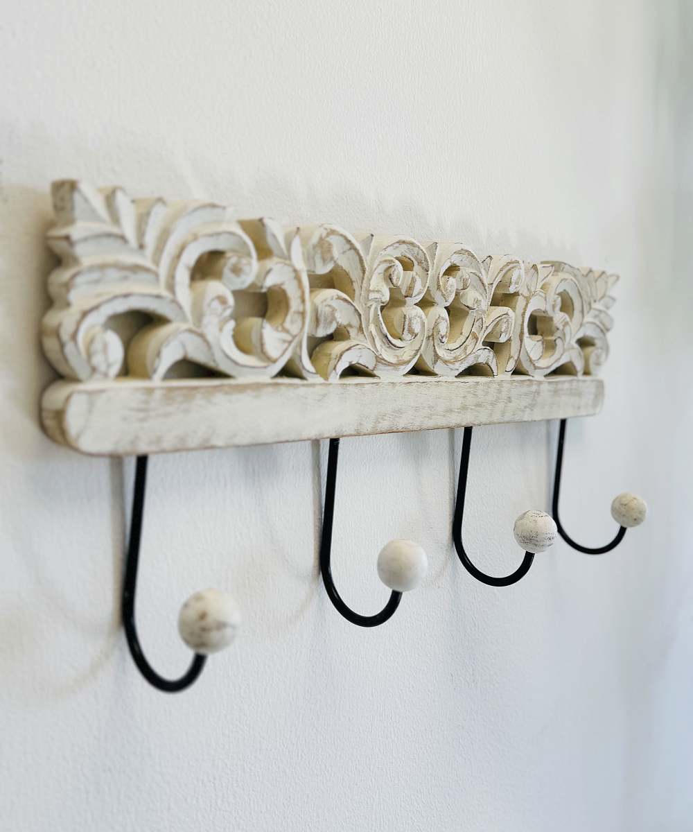 Perchero pared 4 colgador madera tallada 40x18 cm