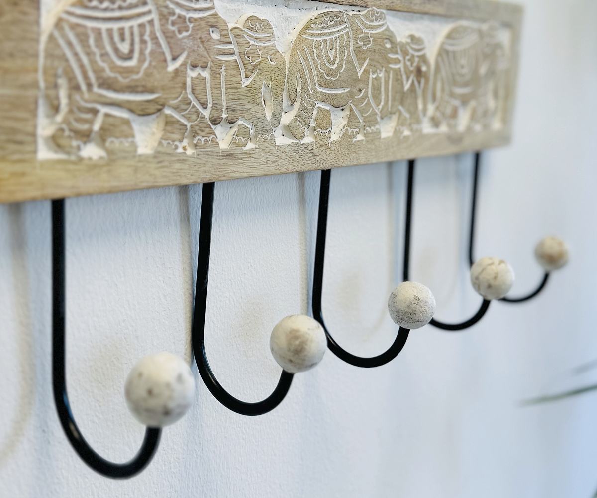 DAMDAM GO Perchero Pared 5 Colgador Madera Tallada Elefante, Para Recibidores, Entradas, Dormitorios, Habitaciones Infantiles y Baños 38x18 cm