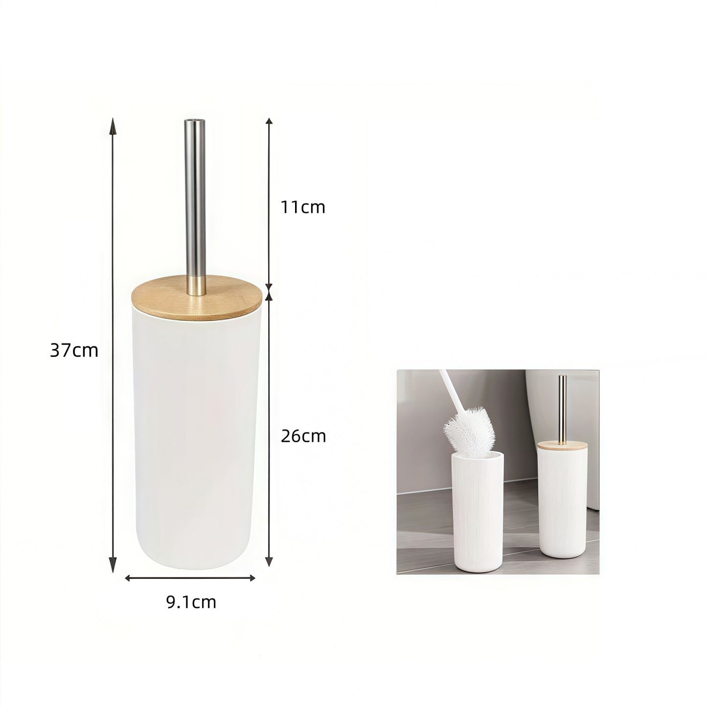 Escobillero plastico blanco palo acero inox tapa bambu 9 x 37 cm
