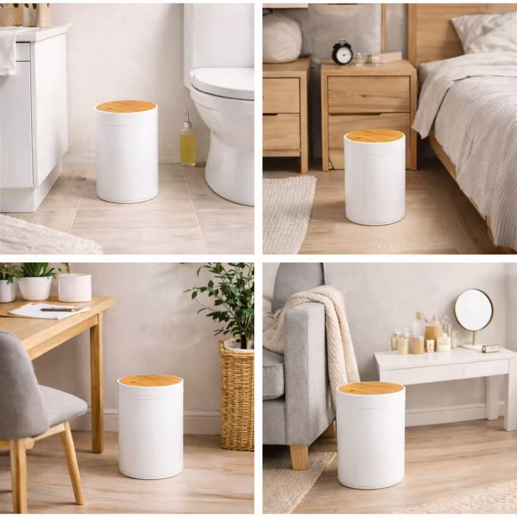 Papelera de Baño 5L con Tapa Basculante de Bambú Natural, Cubo de Basura Pequeño Blanco Diseño Minimalista Moderno para Baño, Dormitorio y Oficina