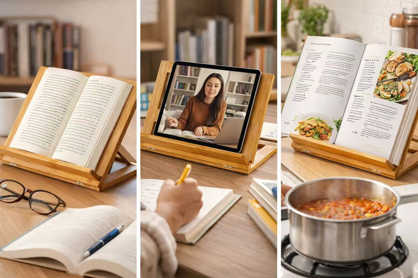 DAMDAM GO Atril de Lectura Ajustable de Bambú Natural – Soporte para Libros, Recetas de Cocina, Tablet y iPad – Atril Plegable con 5 Ángulos Regulables, Soporte Libro para Estudio, Oficina y Cocina