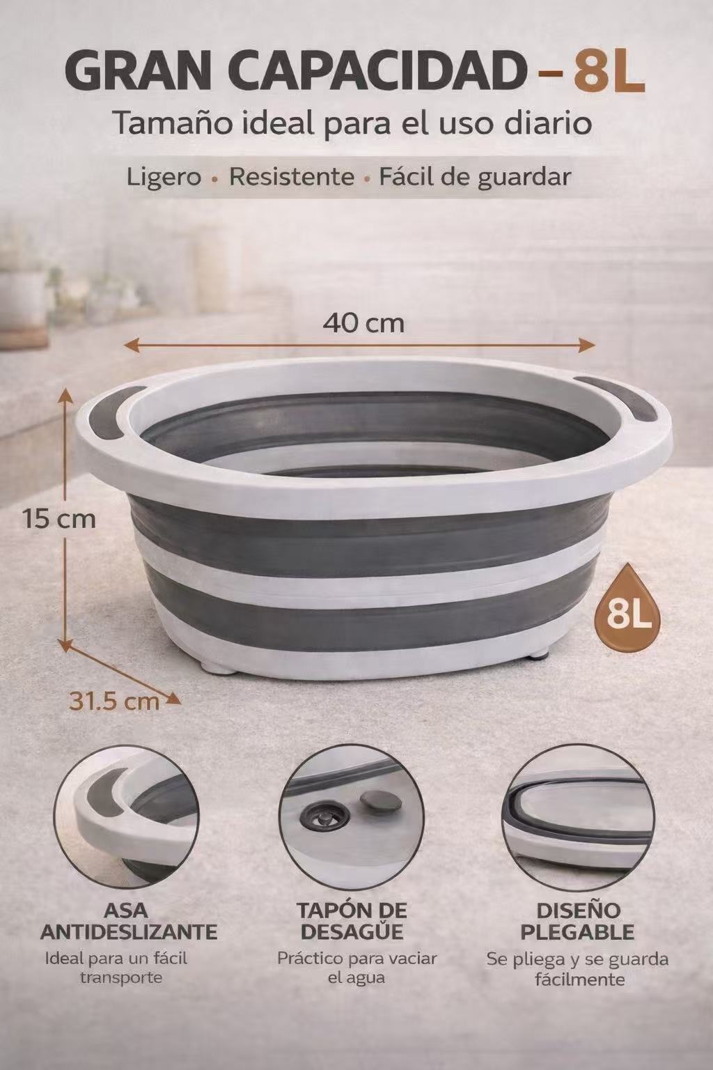 Cesto Plegable 8/L con Desagüe, Barreño Colapsable Multifuncional, Lavabo Portátil Ahorra Espacio para Cocina, Camping, Limpieza y Lavandería