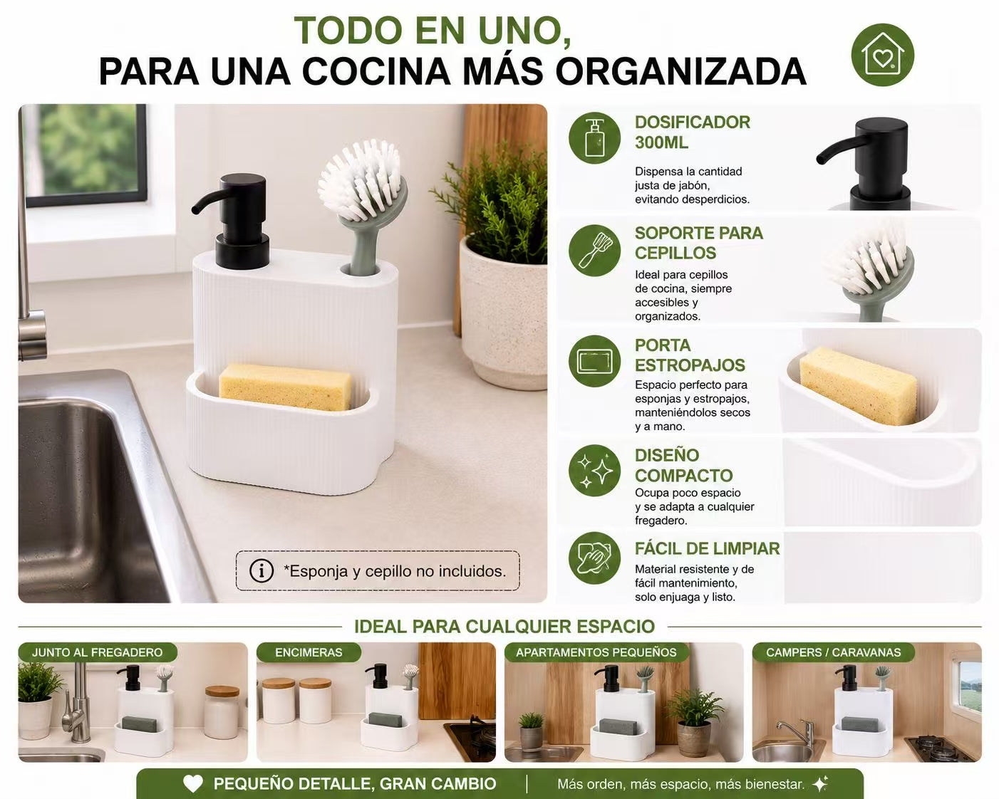 Dispensador de Jabón Cocina con Porta Estropajos, Dosificador Jabón Resina Elegante para Fregadero 300 ml, Soporte para Esponja y Cepillo, Diseño Moderno Blanco, Esponja y Cepillo no incluidos