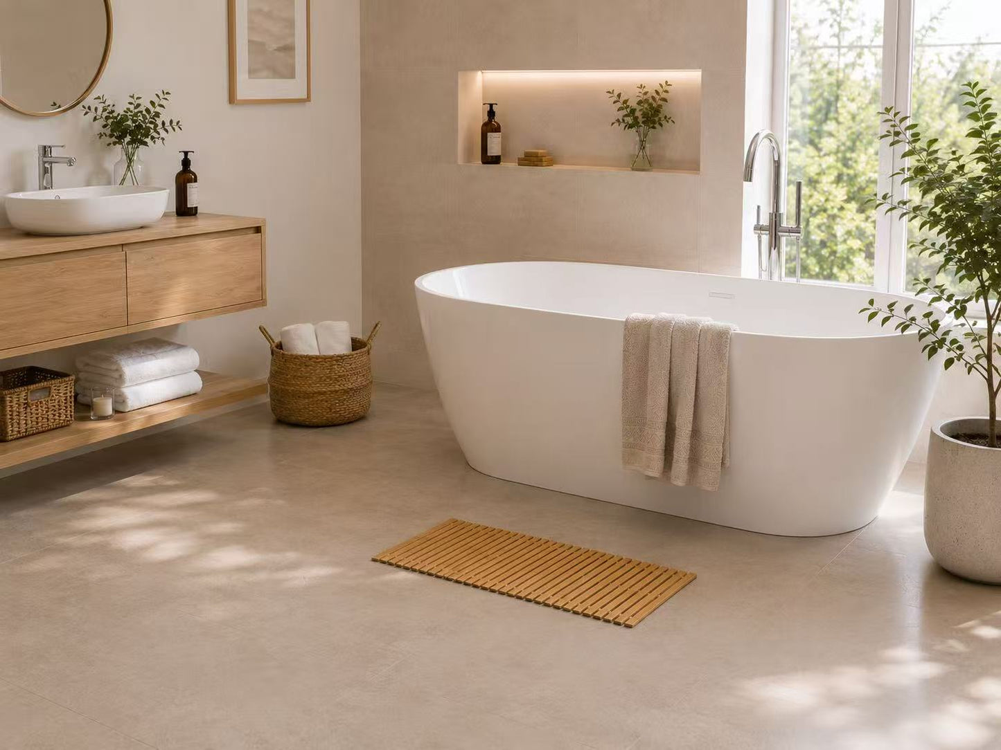 Alfombra de Ducha de Bambú, Tarima de Baño Plegable, Esterilla para Ducha y Lavabo, Alfombrilla para Baño de Bambú Natural