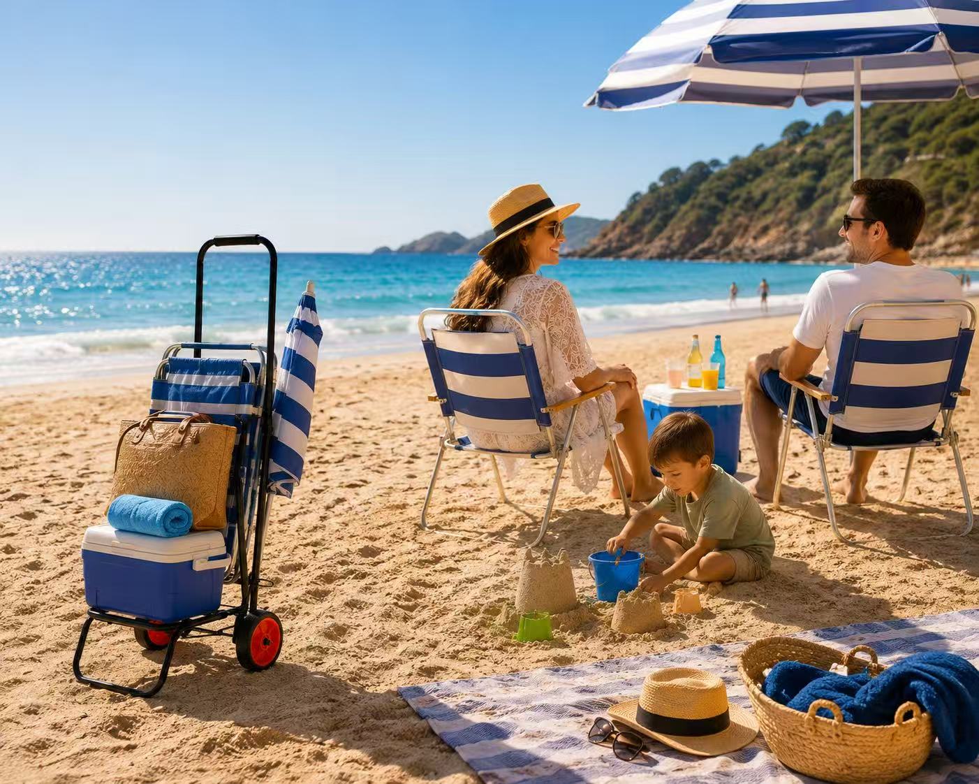 Carro Playa Plegable con Ruedas, Carrito Playa Portatodo para Nevera, Sillas y Equipaje, Resistente y Fácil de Transportar, Ideal para Playa, Camping, Compras y Viajes
