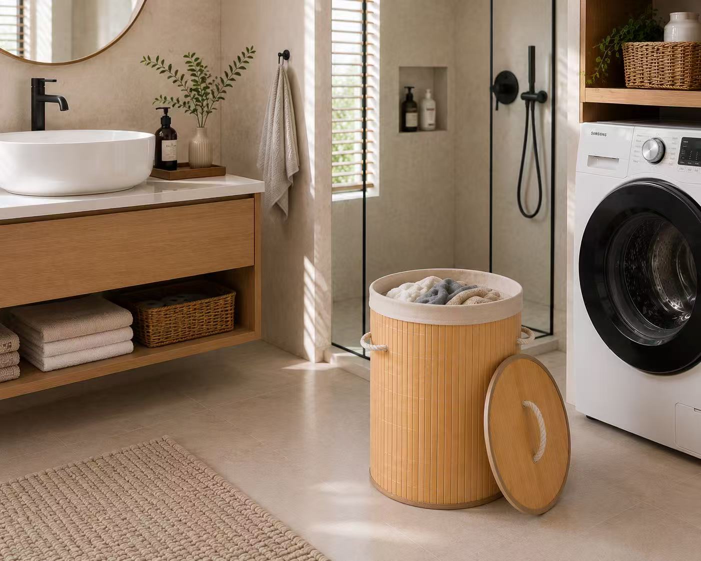 Cesto Para Ropa Sucia, Pongotodo con Tapa Separada Individualmente y Asas, Bolsa Lavable Extraíble, Cesta de Bambú Para Ropa