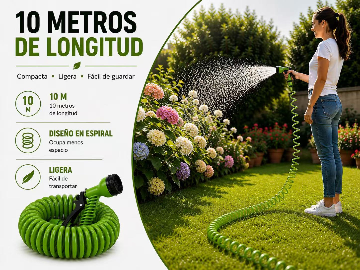 Manguera Espiral para Jardín 10 m con Pistola de Riego de 7 Modos, Gatillo con Bloqueo, Conectores Rápidos, Fácil de Guardar para Coche, Patio y Mascotas