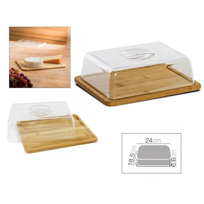Bandeja Bambu Queso Quesera Aperitivos para Servir con Tapa metacrilato 24x18,5x6,6 cm (Rectangular)