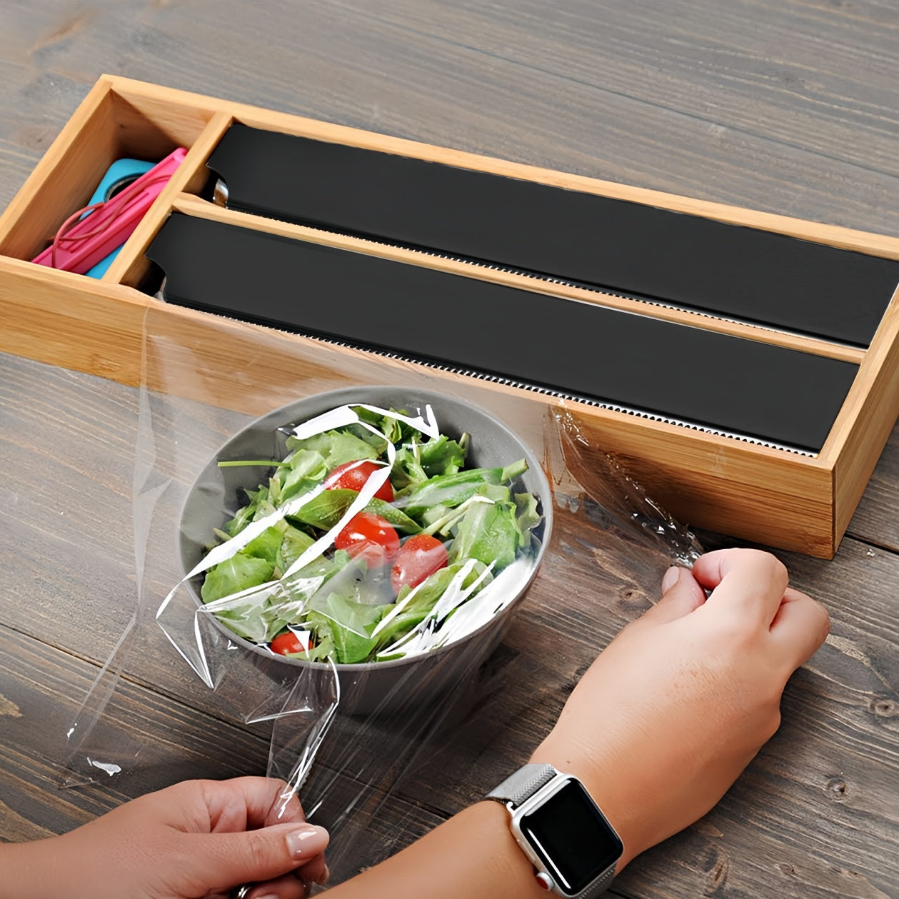 Dispensador para Film Transparente, Soporte de Rollos de Papel de Aluminio, Caja de Bambú para Papel Film Transparente y Papel de Aluminio (2 in 1)