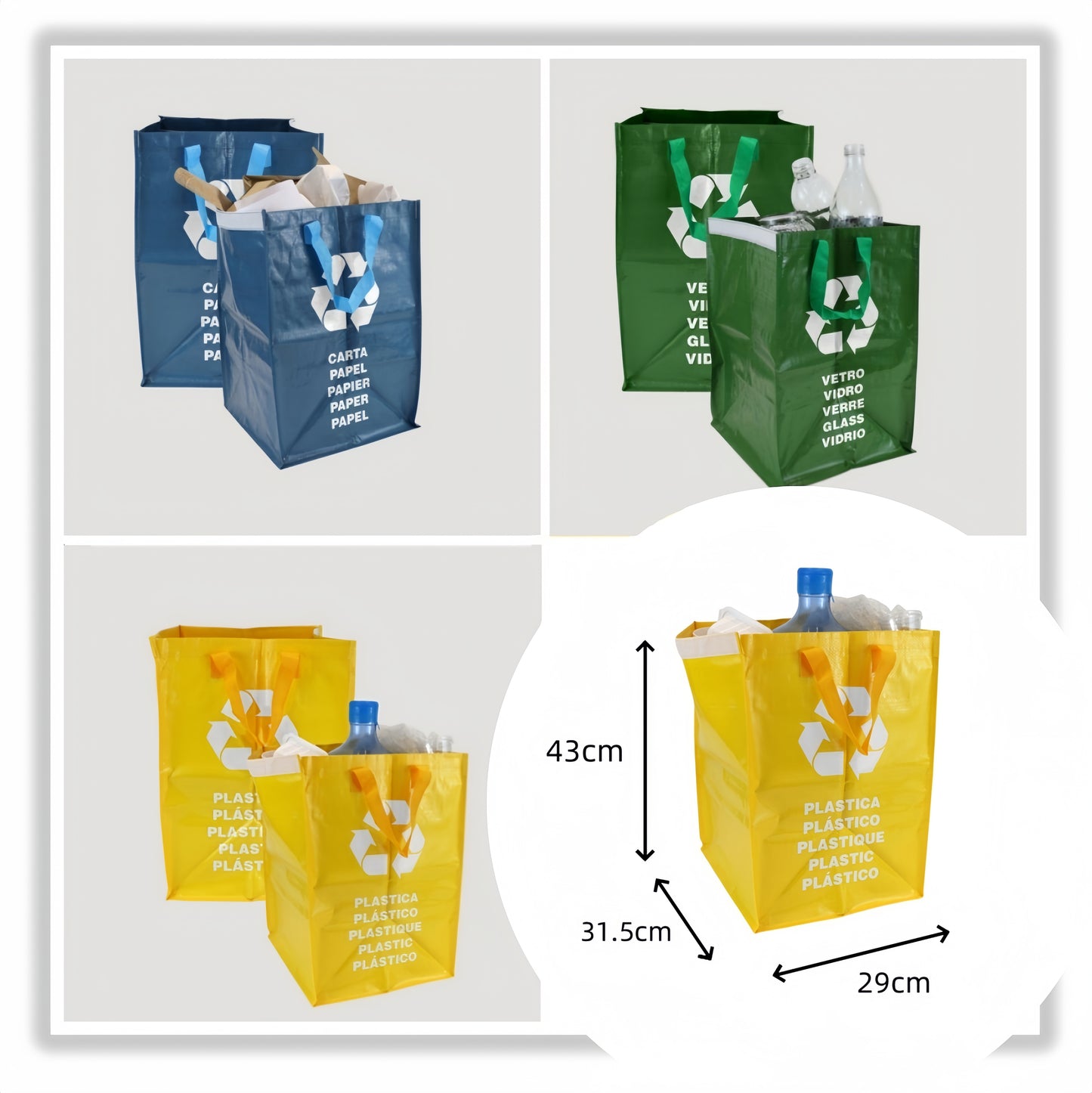 3 Cubo Basura Reciclaje Para Vidrio, Papel y Plástico, Bolsas Basura Reciclaje 3 Piezas, Pack 3 Papelera Cocina Fácil de Vaciar