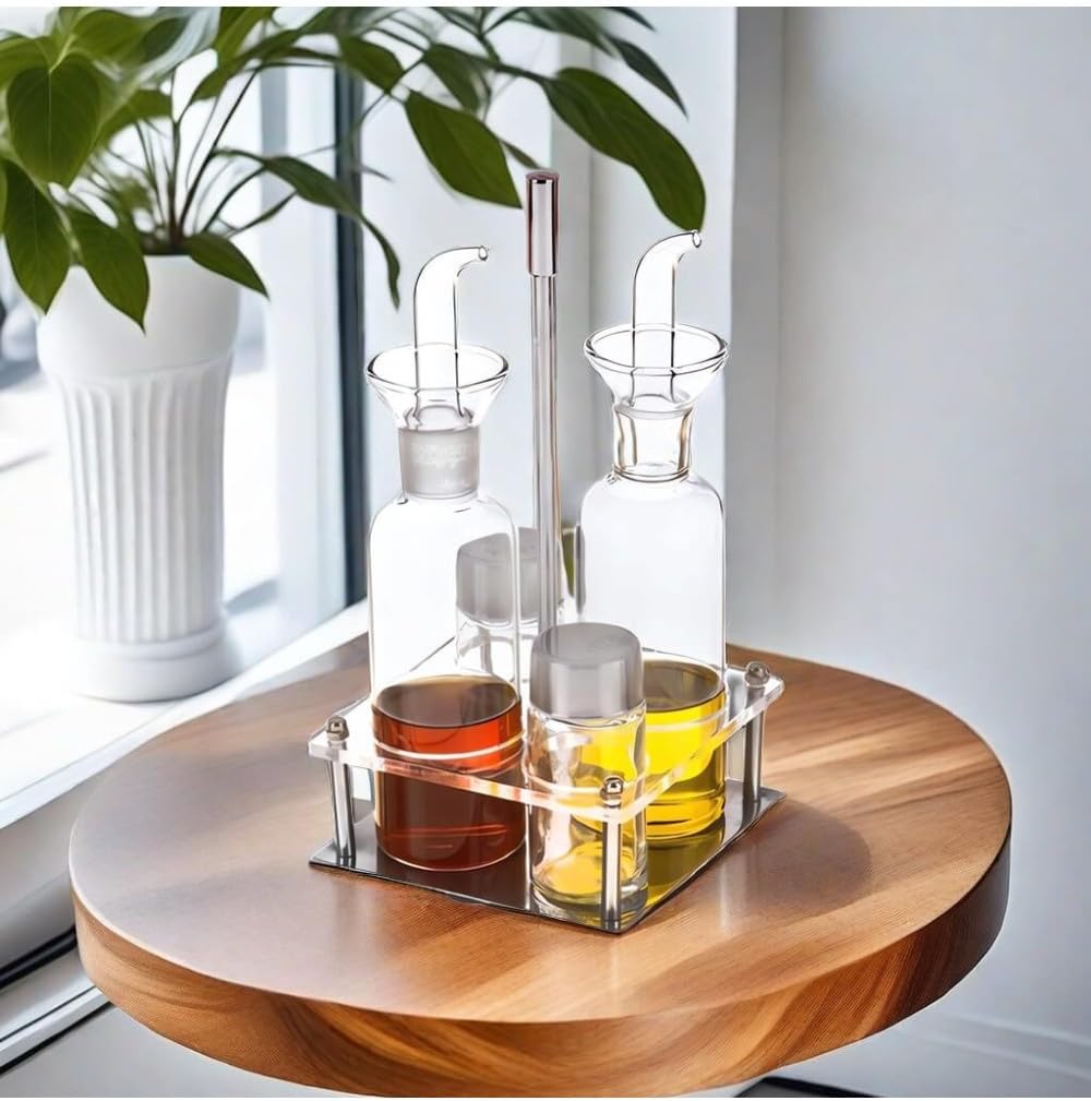Juego Aceitera de Vidrio Antigoteo 4 Piezas con Soporte