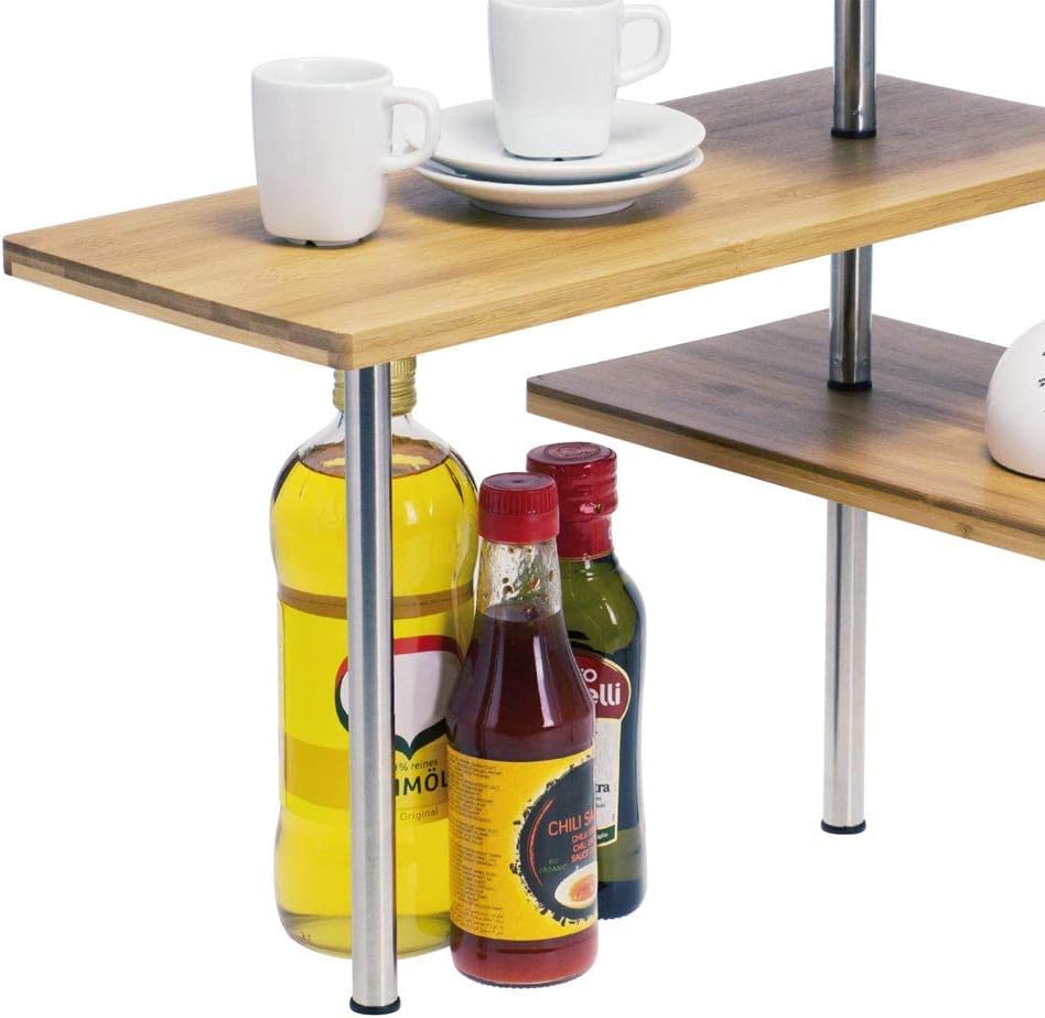 Estantería esquinera para Cocina, 3 estantes, Madera de bambú, Estructura de Acero, Mueble esquinero, portaobjetos con Ganchos