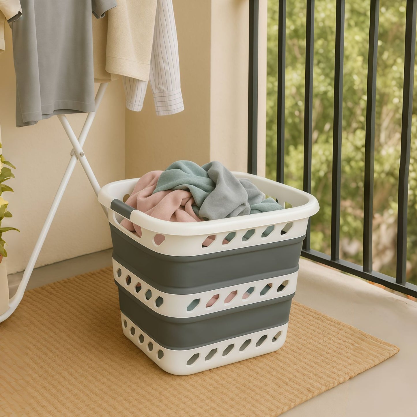 Cubo Para la Colada Retráctil Blanco y Gris 40L – Cesto de Ropa Plegable de Gran Capacidad, Diseño Compacto y Resistente Para Casa, Dormitorio y Lavandería
