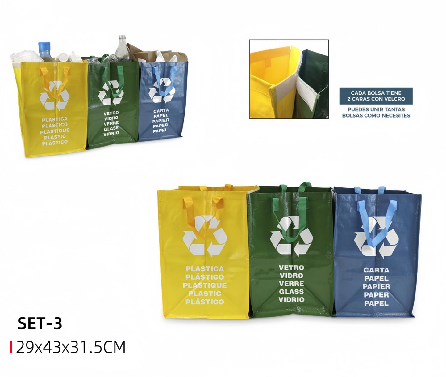 3 Cubo Basura Reciclaje Para Vidrio, Papel y Plástico, Bolsas Basura Reciclaje 3 Piezas, Pack 3 Papelera Cocina Fácil de Vaciar