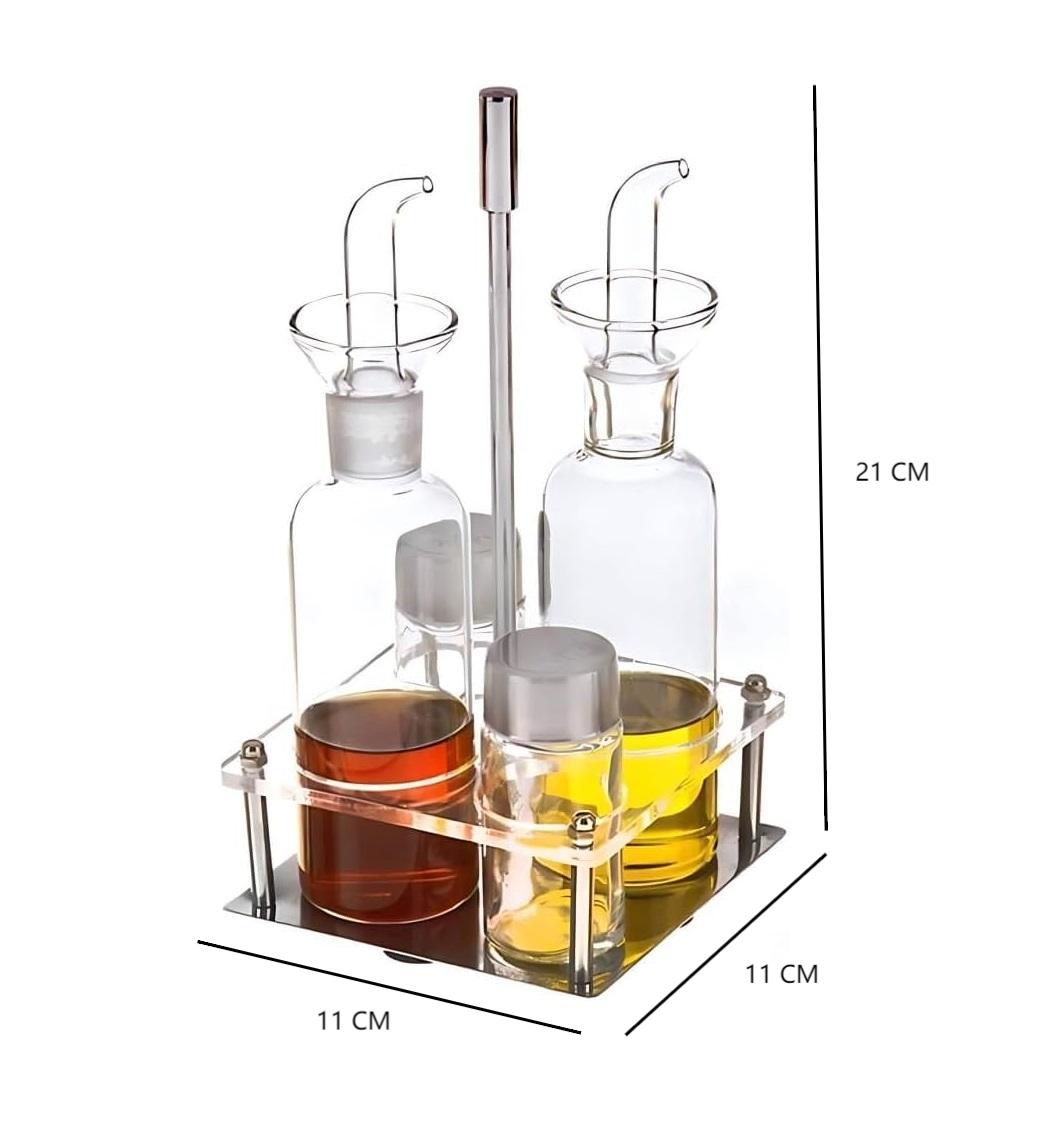 Juego Aceitera de Vidrio Antigoteo 4 Piezas con Soporte