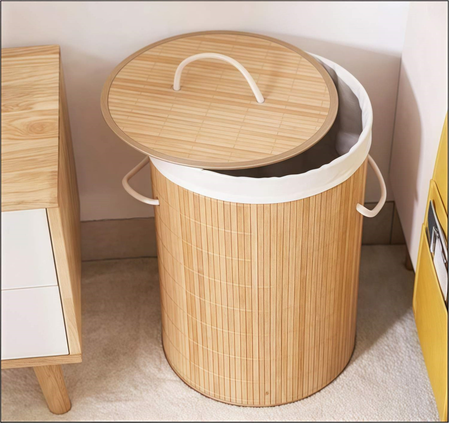 Cesto Para Ropa Sucia, Cubo con Tapa y Asas, Bolsa Lavable Extraíble, Cesta de Bambú Para Ropa