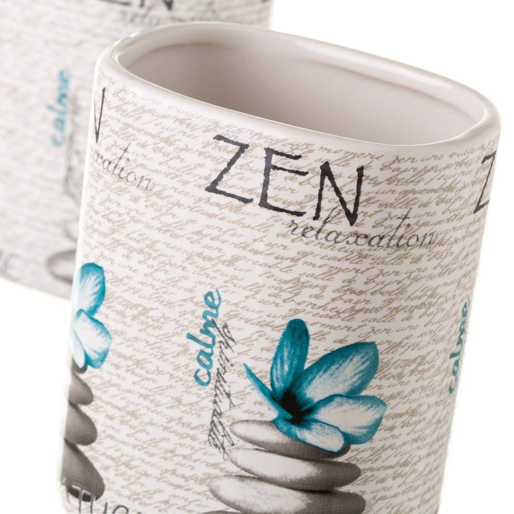 Dispensador y portacepillos Zen de cerámica Azules orientales para Cuarto de baño Sol Naciente