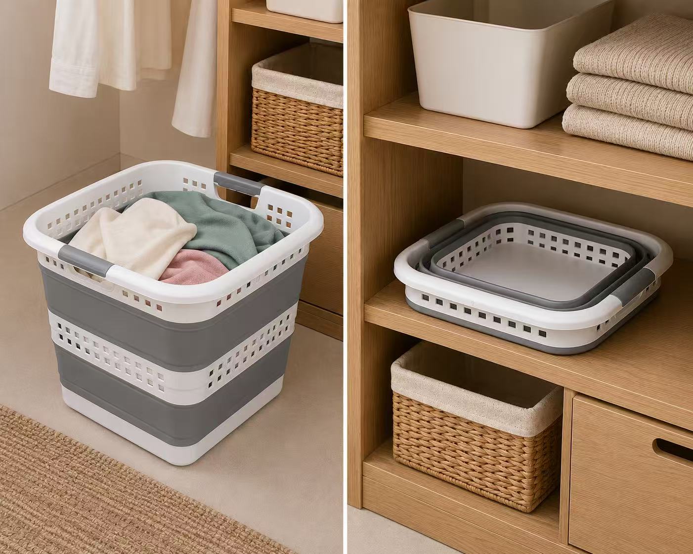 Cubo Para la Colada Retráctil Blanco y Gris 40L – Cesto de Ropa Plegable de Gran Capacidad, Diseño Compacto y Resistente Para Casa, Dormitorio y Lavandería