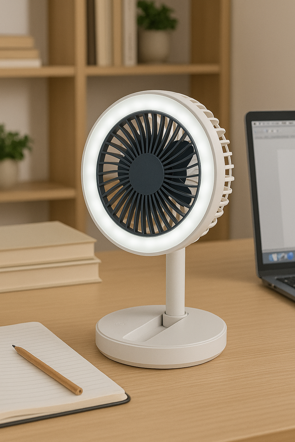 Ventilador de Sobremesa, Ventilador USB Plegable con Luz LED, Ventilador de Refrigeración Ajustable 180°, Portátil y Silencioso