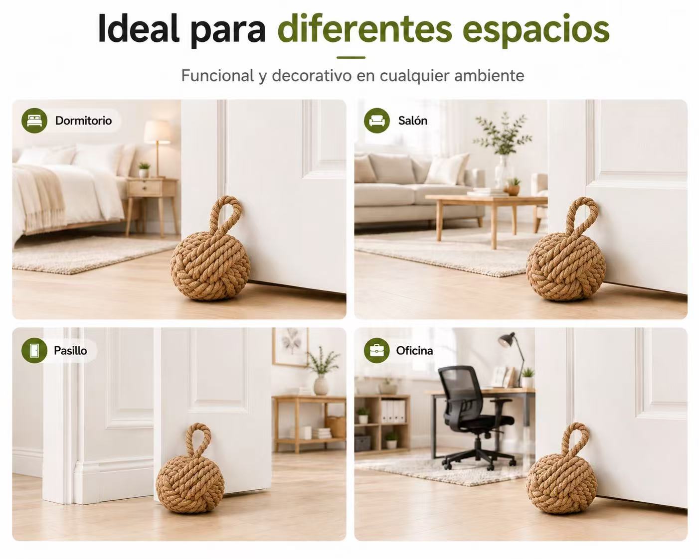 Sujetapuertas Decorativo con Asa de Cuerda, Tope de Puerta 15x15x15 cm, Retenedor para Hogar, Dormitorio, Salón y Oficina