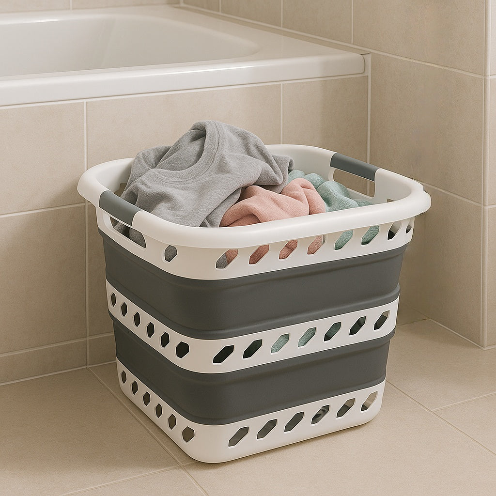 Cubo Para la Colada Retráctil Blanco y Gris 40L – Cesto de Ropa Plegable de Gran Capacidad, Diseño Compacto y Resistente Para Casa, Dormitorio y Lavandería