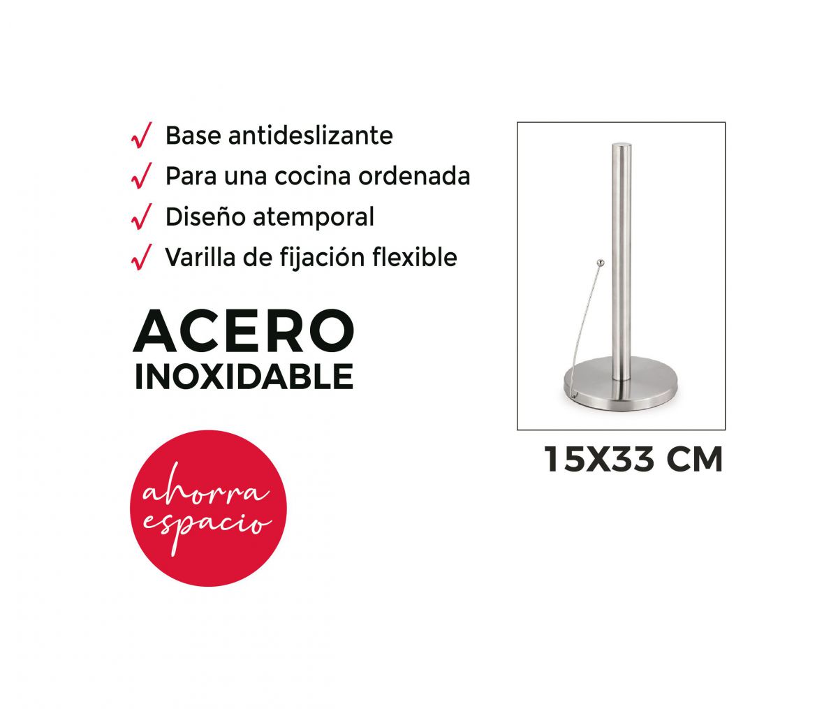 Portarrollos de Cocina Plateado, Soportes para Rollos de Papel Acero Inoxidable, para Cocina y Mesa de Comedor Ø15 x 33cm