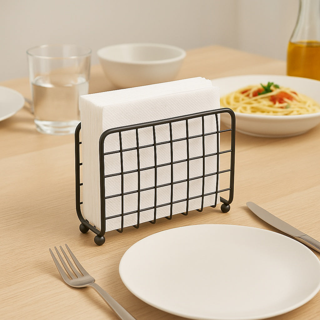 Porta Servilletas Metálico Negro de 14x7x12 cm – Servilletero Vertical con Diseño Geométrico Moderno, Estilo Industrial para Cocina, Comedor o Exterior