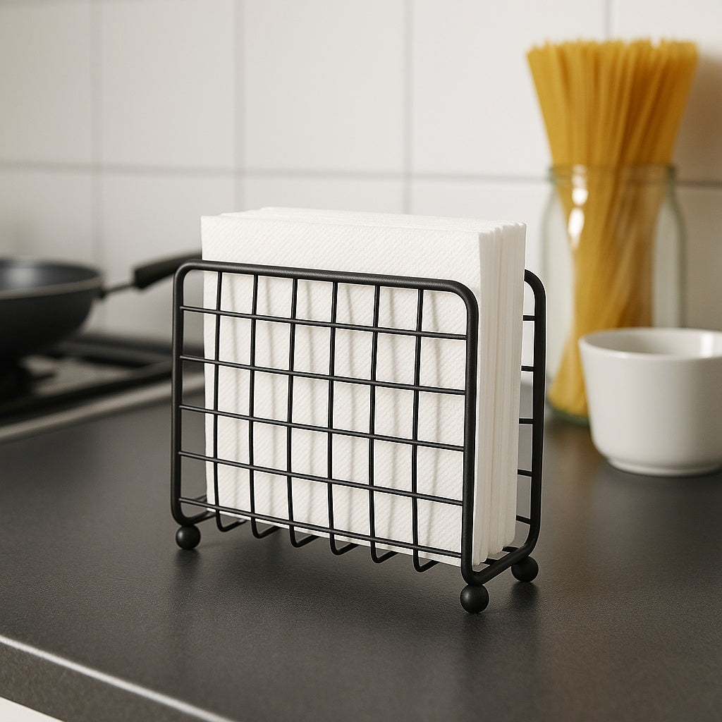 Porta Servilletas Metálico Negro de 14x7x12 cm – Servilletero Vertical con Diseño Geométrico Moderno, Estilo Industrial para Cocina, Comedor o Exterior