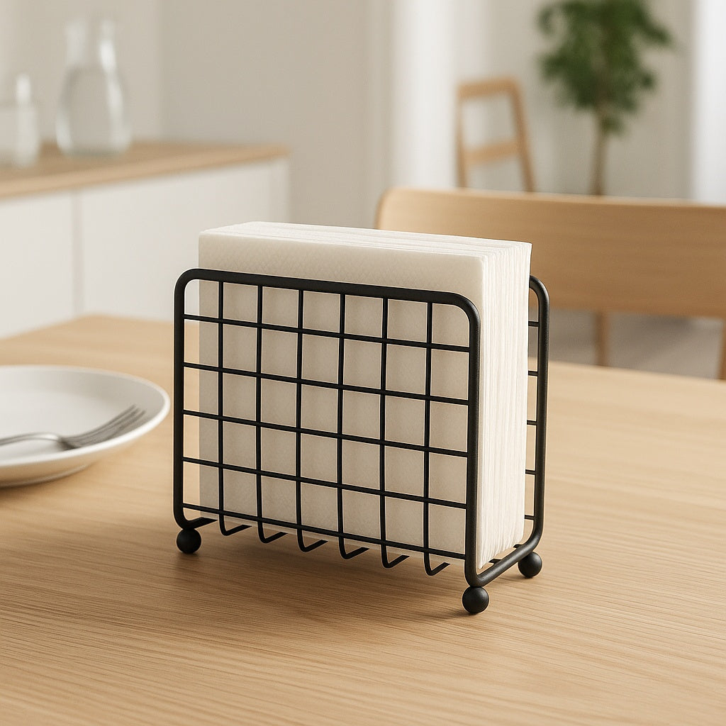 Porta Servilletas Metálico Negro de 14x7x12 cm – Servilletero Vertical con Diseño Geométrico Moderno, Estilo Industrial para Cocina, Comedor o Exterior