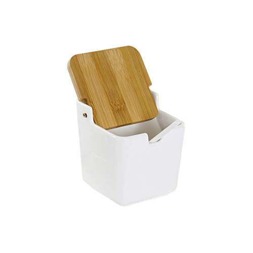Salero Blanco cerámica con Tapa de bambú 11x13x12 cm