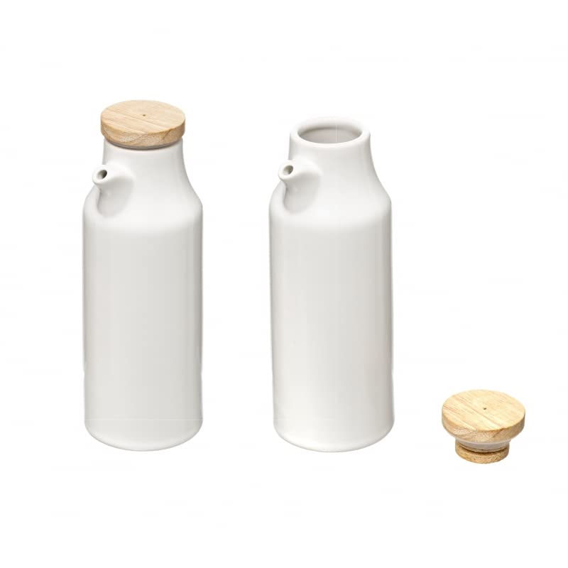 Juego de aceitera, vinagrera, salero y pimentero porcelana blanca con bandeja bambu - Juego Aceitera…