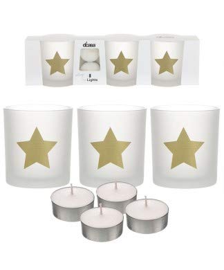 Pack de 3 candeles con 4 velas de te estrellas oro
