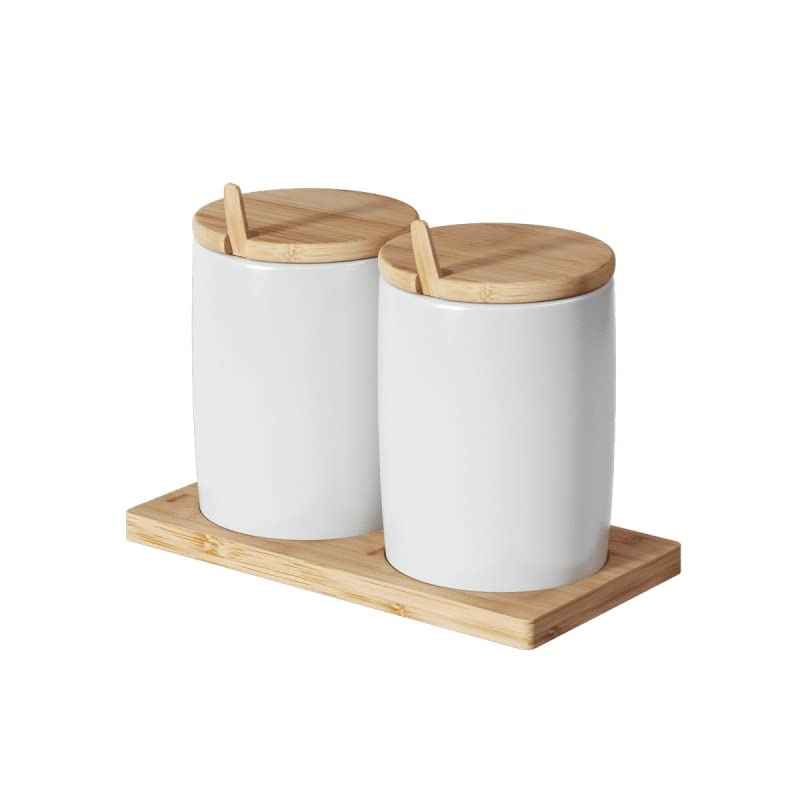 Juego de aceitera, vinagrera, salero y pimentero porcelana blanca con bandeja bambu - Juego Aceitera…