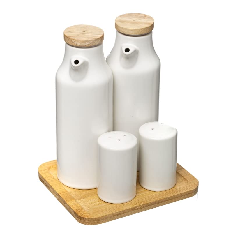 Juego de aceitera, vinagrera, salero y pimentero porcelana blanca con bandeja bambu - Juego Aceitera…