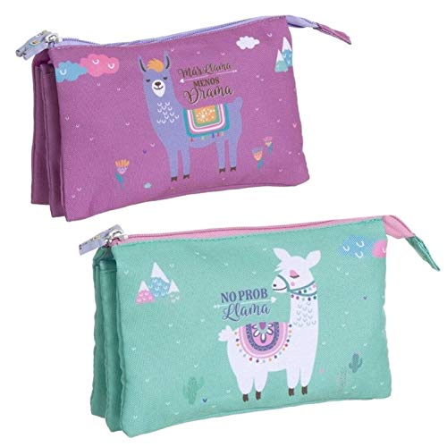 Estuche de 3 Bolsillos Juvenil Llama de Colores