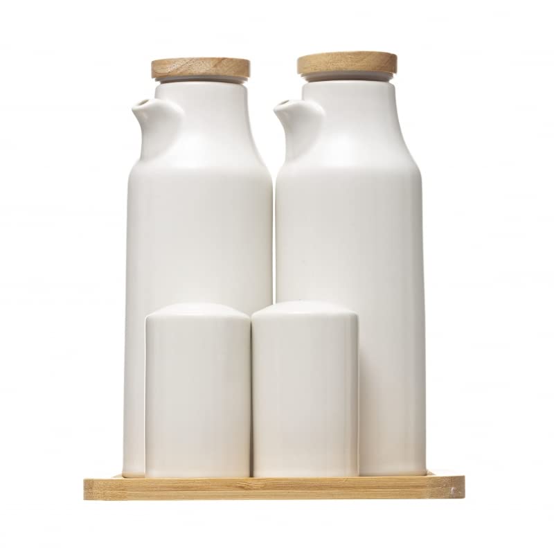 Juego de aceitera, vinagrera, salero y pimentero porcelana blanca con bandeja bambu - Juego Aceitera…