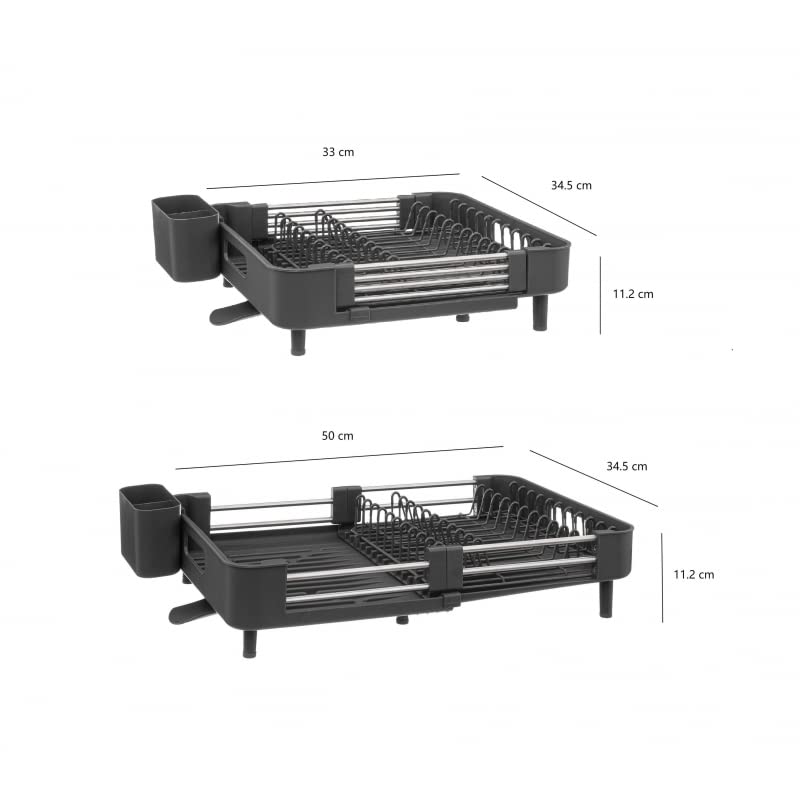 Escurreplatos, Escurridor De Platos Extensible con Cesta de Cubiertos, Caño De Drenaje Giratorio Gris Oscuro