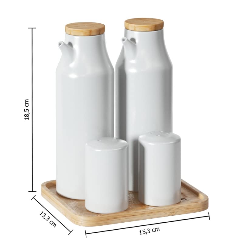 Juego de aceitera, vinagrera, salero y pimentero porcelana blanca con bandeja bambu - Juego Aceitera…