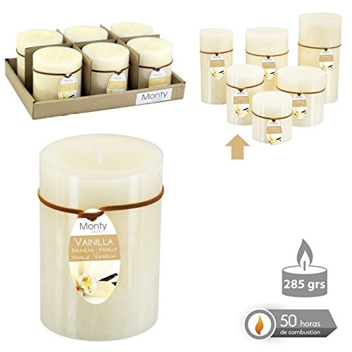 Caja 6 Vela cilíndrica perfumada crema 7 x 9,50 cm 285 grs- 50 horas combustión -2% perfume vainillla