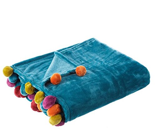Manta Sofa Microfibra con 20 Pom Pom Multicolor (Azul)