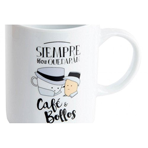 Taza original con mensaje castellano CAFE Y BOLLOS en caja de regalo