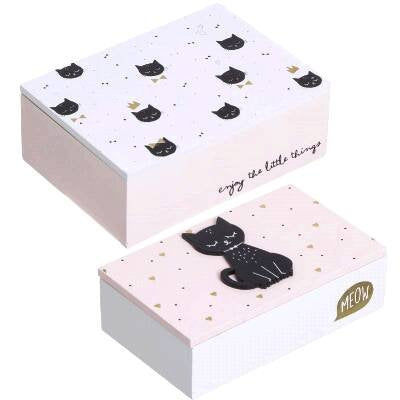 Juego de 2 Cajas Madera Blanco Cat Lover