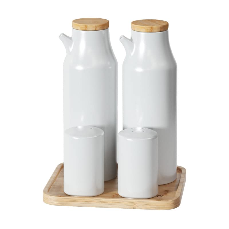 Juego de aceitera, vinagrera, salero y pimentero porcelana blanca con bandeja bambu - Juego Aceitera…