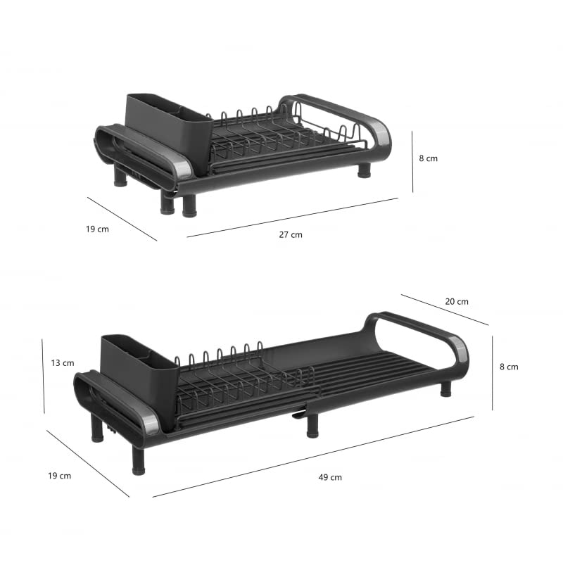 Escurreplatos, Escurridor De Platos Extensible con Cesta de Cubiertos, Caño De Drenaje Giratorio Gris Oscuro
