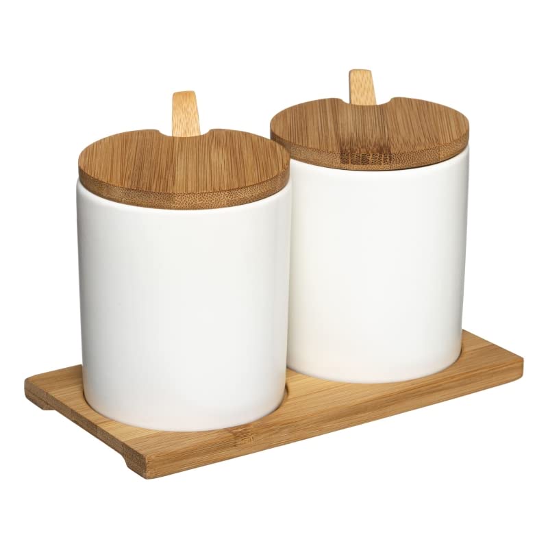 Juego de aceitera, vinagrera, salero y pimentero porcelana blanca con bandeja bambu - Juego Aceitera…