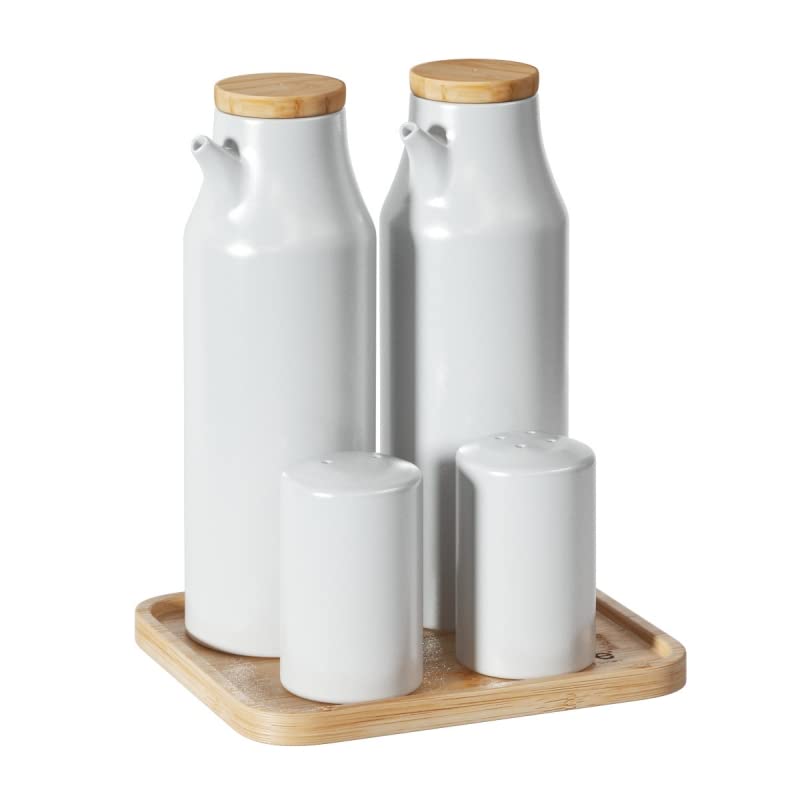 Juego de aceitera, vinagrera, salero y pimentero porcelana blanca con bandeja bambu - Juego Aceitera…
