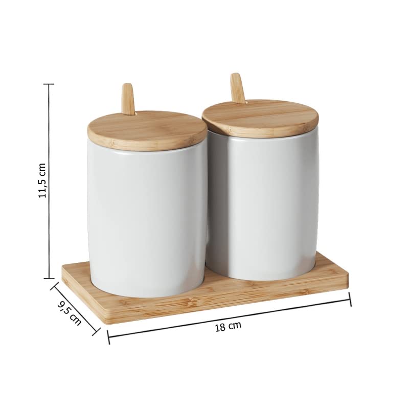 Juego de aceitera, vinagrera, salero y pimentero porcelana blanca con bandeja bambu - Juego Aceitera…