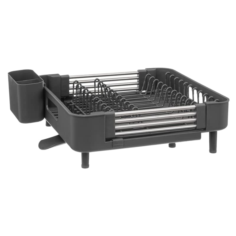 Escurreplatos, Escurridor De Platos Extensible con Cesta de Cubiertos, Caño De Drenaje Giratorio Gris Oscuro