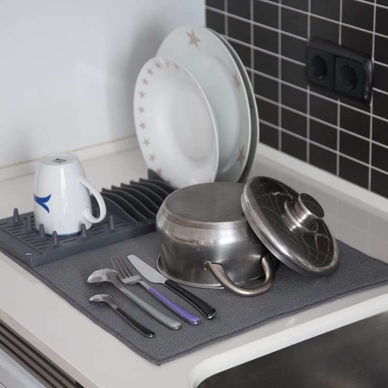 Escurreplatos Plegable con Escurridor, Tapete Secado De Vajilla - Gris