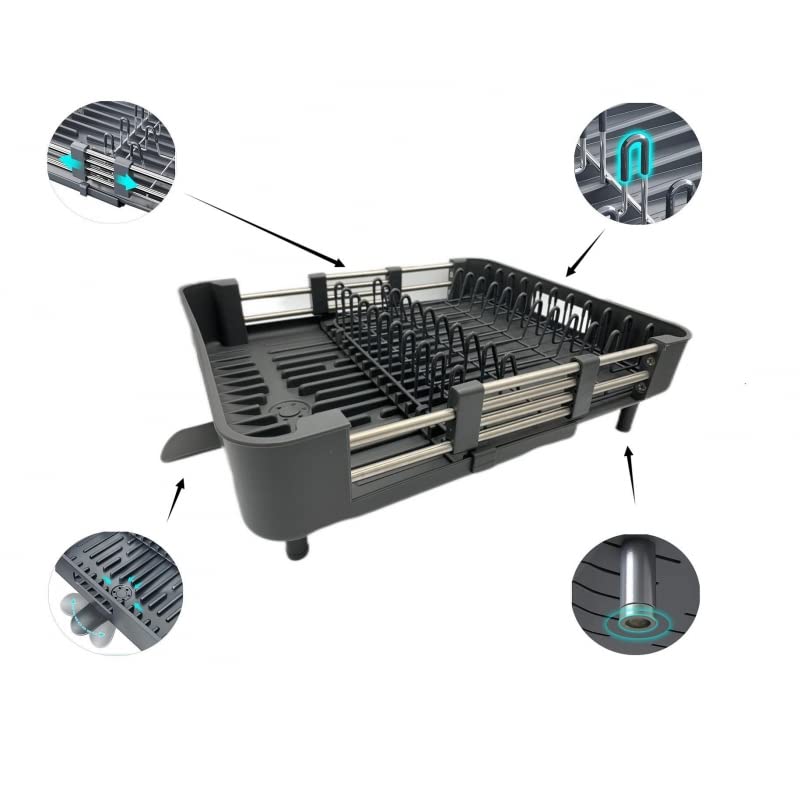 Escurreplatos, Escurridor De Platos Extensible con Cesta de Cubiertos, Caño De Drenaje Giratorio Gris Oscuro
